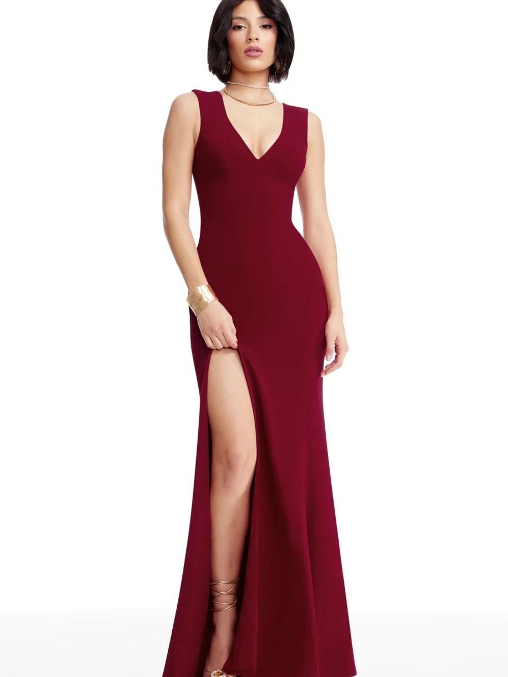 Dress the Population Wine Red V-Neck Maxi Gown with High Slit